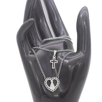 Colar Duplo Feminino não ficar preto cruz e senhora aparecida em aço inox prata pratead