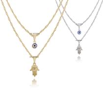 Colar Duplo Feminino olho grego mão De Fátima hamsá dourado
