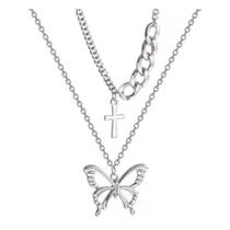 Colar Duplo Gargantilha Borboleta E Cruz Banhado Prata Luxo