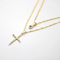 colar duplo gargantilha feminino 2 camadas folheado a ouro dourado cruz crucifixo pedrinha zircônia