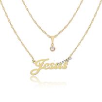 Colar Duplo Gargantilha Feminino Folheado escrito Jesus Ponto de Luz choker qualidade corrente luxo Colar Duplo Gargantilha Feminino Folheado escrito Jesus Ponto de Luz choker qualidade corrente luxo