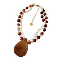 Colar Duplo Gota Jade Caramelo, Esferas Jade Vermelhas, Pérolas e Quartzo Branco.