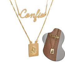 Colar Duplo Nossa Senhora Confio Semijoia Banhada no Ouro 18k Colar Duplo Nossa Senhora Confio Semijoia Banhada no Ouro 18k
