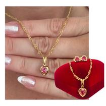 Colar e Brinco Coração Rosa Zircônia Feminino Folheado a Ouro 18k