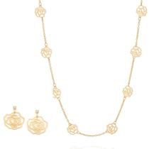 Colar E Brincos Rosas Vazadas Rommanel Banhados A Ouro 18k Lindo Delicado