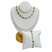 Colar e pulseira Pedra Zirconia Azul Banhado a Ouro 18k