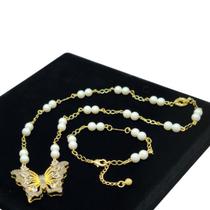 Colar E Pulseira Pérolas Com Borboleta Em Zirconias Banho De Ouro 18k 4511B Colar E Pulseira Pérolas Com Borboleta Em Zirconias Banho De Ouro 18k 4511B
