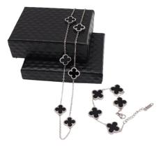 Colar E Pulseira Virginia Prata Trevo Ajustável Aço Inox