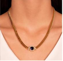 Colar Elo Grumet Quadrado Cristal Cravejado Confeccionado em Banho Ouro Amarelo de 18K