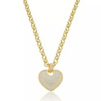 Colar Elo Português com Coração Cravejado em Zircônias Banhado Ouro 18K Colar Elo Português com Coração Cravejado em Zircônias Banhado Ouro 18K