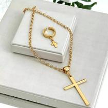 Colar elo português e Anel Cruz Banhado A Ouro 18k Colar elo português e Anel Cruz Banhado A Ouro 18k