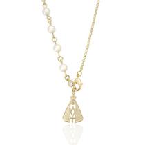 Colar Elo Português e Lateral Pérolas e Pingente Nossa Senhora Banho Ouro 18K Colar Elo Português e Lateral Pérolas e Pingente Nossa Senhora Banho Ouro 18K