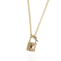 Colar elos c/ cadeado colorido cravejado banhado a ouro 18k Colar elos c/ cadeado colorido cravejado banhado a ouro 18k