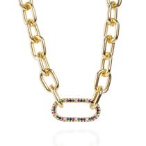 Colar elos com 1 elo colorido cravejado banhado a ouro 18k Colar elos com 1 elo colorido cravejado banhado a ouro 18k