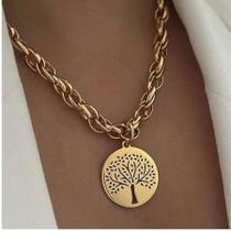 Colar Elos Entrelaçados Pingente Árvore Da Vida Vazado Banhado Dourado Colar Elos Entrelaçados Pingente Árvore Da Vida Vazado Banhado Dourado