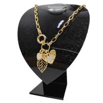 Colar Elos Feminino Corações Pedras Folha Banho Ouro 18k
