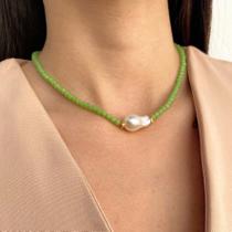 Colar em Cristais Verde e Pérola Central Estilo Boho - Acessório Feminino Artesanal
