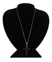Colar em Prata + Ouro 45cm - Cruz em Hematita Negra Natural Colar em Prata + Ouro 45cm - Cruz em Hematita Negra Natural