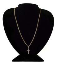 Colar Em Prata + Ouro Elo Grumet 45Cm Cruz Cravejada