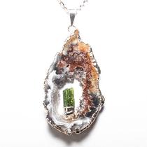 Colar Especial Chapa Geodo Turmalina Verde Envolto Prateado