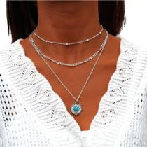 Colar Feminino 3 Fios Choker Gargantilha Pedra Azul Turquesa