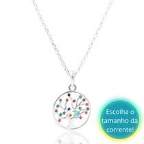 Colar feminino árvore da vida redondo e zircônias coloridas - prata 925