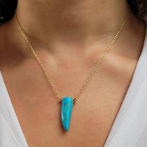 Colar Feminino Banhado a Ouro 18k Pingente Dente Azul, Estilo Boho, Country Western, Ideal para Festas, Rodeio, Cavalgada
