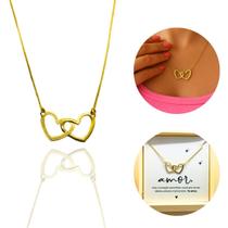 Colar Feminino com Pingente de Corações Presente Namorada Esposa Aniversário Banhado