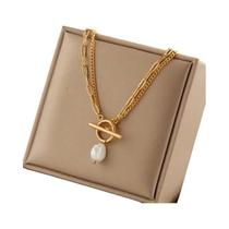 Colar Feminino Com Pingente De Pérola Grande, Corrente De 2 Camadas, Fecho OT, Joia De Aço