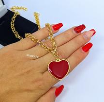 Colar Feminino Corrente Elo Português Folheado Ouro Dourado com Pingente Coração Vermelho Frase Love Luxo Presente