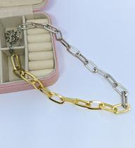 Colar Feminino Corrente elos Retangular Dois Banho Dourado com Prateado Folheado Luxo Inspiração Tendência Moda 2024
