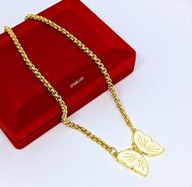 Colar Feminino Corrente Grossa Veneziana Folheado Dourado Ouro com Pingente Borboleta Grande Resina Tendência