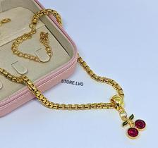 Colar Feminino Corrente Malha Grossa Veneziana Folheado Ouro Dourado com Pingente Cereja Zircônia Inspiração Luxo Moda