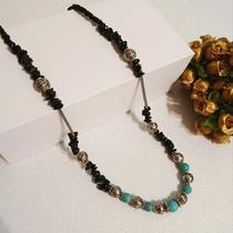 Colar feminino de pedras naturais verde turquesa preto