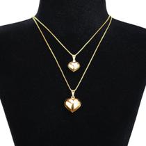 Colar feminino dourado duplo coração original luxo