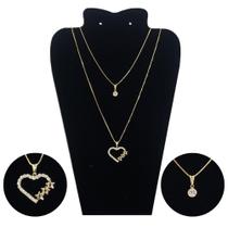Colar Feminino Duplo Dourado Folheado a Ouro 18k 3 Corações