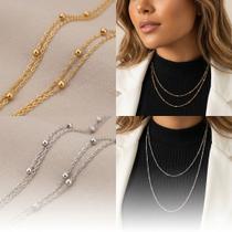 Colar Feminino Duplo Esferas Retro Versátil Ouro Prata cor:prata