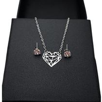 Colar feminino e brinco em inox com pingente de coração 48cm corrente elo cj459 cordão kit conjunto