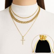 Colar Feminino Elegante Crucifixo Banhado A Ouro Brilhantes