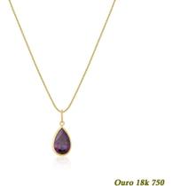 Colar Feminino em ouro 18K 750 40cm + Pingente Ponto de Luz Gota Ametista Roxa