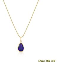 Colar Feminino em ouro 18K 750 40cm + Pingente Ponto de Luz Gota Azul Safira