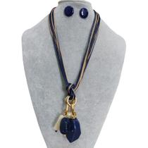 Colar feminino fio resina pedras cristais kit brinco luxo