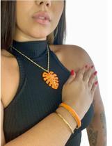 Colar Feminino Folheado C/ Pingente Folha Ouro Laranja (kit)