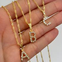 Colar Feminino Letra Inicial Cravejada em Zircônias Personalizado A a Z Banhado a Ouro Colar Feminino Letra Inicial Cravejada em Zircônias Personalizado A a Z Banhado a Ouro
