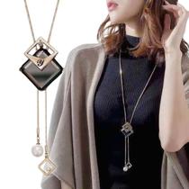 Colar Feminino Longo Pingente De Diamante Cristal Dourado - Colar Feminino Longo Pingente De Diamante Cristal Dourado -
