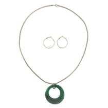 Colar Feminino Longo Resina Verde + Brinco Argola Prateado
