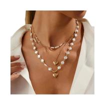 Colar Feminino Multicamadas Boho Com Pingente De Coração De Pérolas, Joia Elegante Com Corrente De