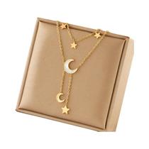 Colar Feminino Multicamadas Com Pingente De Estrela E Lua Em Aço Inoxidável 316L Joia Da Moda Para