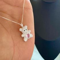 Colar Feminino Pingente Cravejado Ursinho Rosa Prata 925