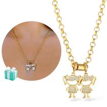 Colar Feminino Pingente Filhos Casal Cravejado Semi Joia